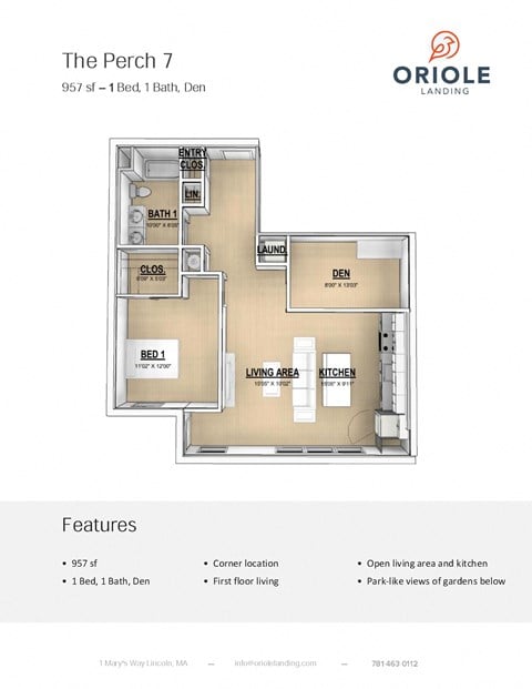 Floor plan for 1 bed, 1 bath, 957 sqft